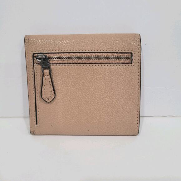 Coach Wallet Pebble Leather Tan Beige Small Tifold Compact Floral Damaged Logo - Picture 2 of 9